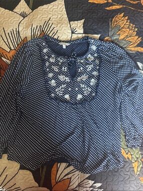 Lucky Brand Navy Polka Dot Embroidered Peasant Blouse
